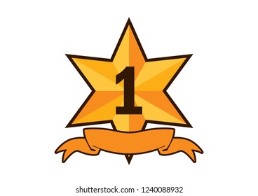 Gold ribbon award icon vector. Golden star on a white background. Graphic star icon. Gold star label. Winning star with ribbon