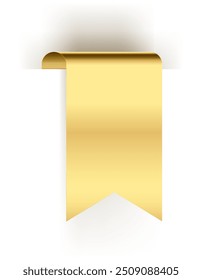 gold ribbon banner with curl vector illustration. Golden Sticker blank page curved glossy shiny, empty flip document cover, template design element isolated on white background.