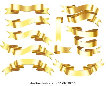 Gold ribbon banner. Golden award or celebration horizontal ribbons with shiny scroll flag, elegant congratulation label insignia decoration. Vintage realistic isolated sign vector illustration