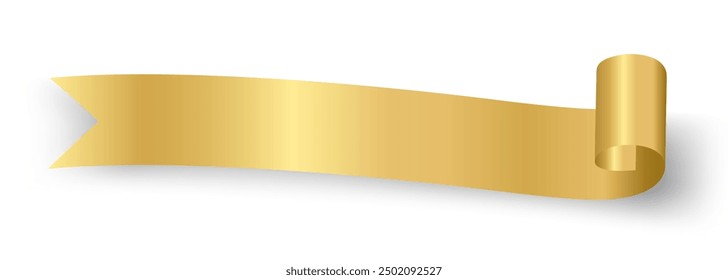 Gold Ribbon Banner Realistic shiny satin with shadow, horizontal Golden ribbon Curl for decorate your wedding invitation card ,greeting card or gift boxes vector EPS10 isolated on white background.