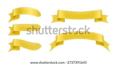 Gold ribbon banners. 3d set of golden band labels and tags isolated on white background. Yellow ribbons for award badges, celebration banners, vector illustration