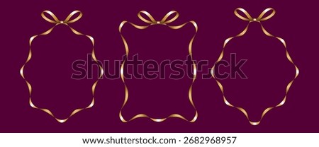 Gold ribbon bow frame. Wavy border elegant coquette style. Blank vintage gift tag or label template. Decorative element for marketing promotions, cards, invitations, etc.