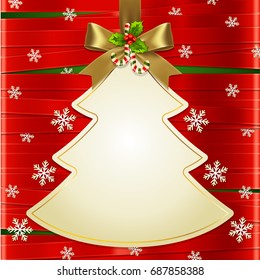 Gold ribbon bow and hanged Christmas tree tag vector with red ribbon and white snowflake background