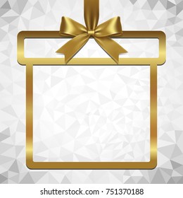 Gold ribbon bow and hanged gift box frame vector with abstract polygonal background