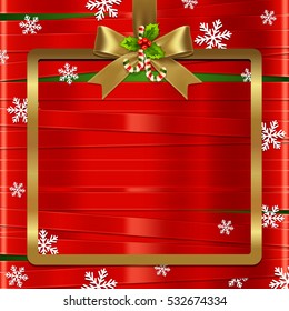 Gold ribbon bow and hanged square frame vector with red ribbon and white snowflake background