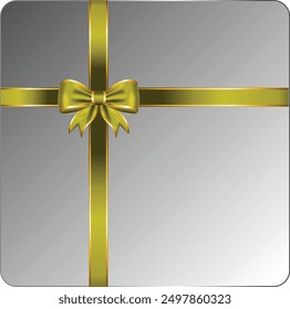 Gold ribbon bow has gold trim with gift box top view illustration	