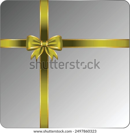 Gold ribbon bow has gold trim with gift box top view illustration	