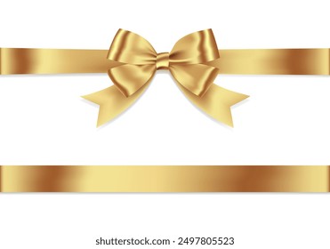 Gold Ribbon Bow Realistic shiny satin with shadow horizontal ribbon for decorate your wedding invitation card ,greeting card or gift boxes vector EPS10 isolated on white background.