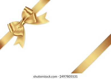 Raso brillante realista del arco de la cinta del oro con el lugar de la sombra en el rincón del papel para decorar su tarjeta de la invitación de boda, tarjeta de felicitación o Vector EPS10 de las cajas de regalo aislado en el fondo blanco.