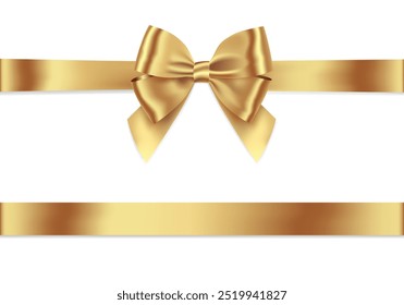 Gold Ribbon Bow Realistic shiny satin with shadow horizontal ribbon for decorate your wedding invitation card ,greeting card or gift boxes vector EPS10 isolated on white background.