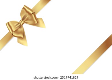 Gold Ribbon Bow Realistic shiny satin with shadow place on corner of paper for decorate your wedding invitation card ,greeting card or gift boxes vector EPS10 isolated on white background.