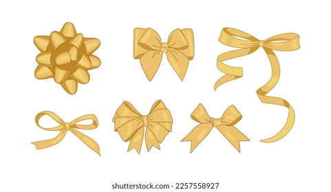 Gold ribbon bow set. Golden silk ribbons with bows festive decoration satin rose, luxury element for holiday packaging and design, elegant gift tape vector decoration set on white background isolated.