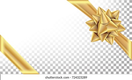 Gold Ribbon With Bow Vector. Space For Text. Gift Wrapping For Poster, Card Design. Holiday Transparent Background Illustration
