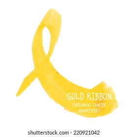 Gold ribbon. Childhood cancer awareness symbol. Vector illustration in watercolor style.