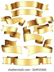 Gold ribbon collection. Ten ribbon on white background.