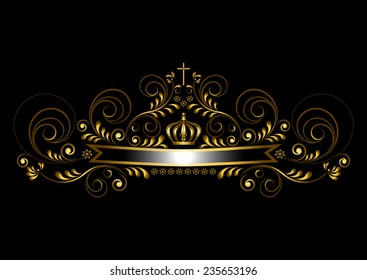 Gold ribbon with a crown and a cross on a black background 