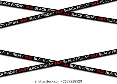 Gold ribbon cuts across dark sale background. Black Friday text glows with modern neon shine. 3D tape crosses frame with strong visual focus. Bold promotional ribbon fits online shop banners.