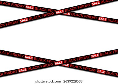 Gold ribbon cuts across dark sale background. Black Friday text glows with modern neon shine. 3D tape crosses frame with strong visual focus. Bold promotional ribbon fits online shop banners.