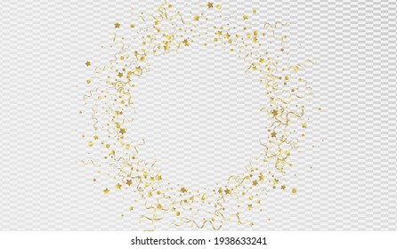 Gold Ribbon Decoration Vector Transparent Background. Swirl Star Poster. Serpentine Celebrate Design. Yellow Fun Branch.