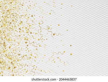 Gold Ribbon Falling Vector Transparent Background. Happy Streamer Illustration. Serpentine Shiny Invitation. Yellow Christmas Branch.