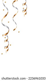 Gold Ribbon Falling Vector White Background. Anniversary Confetti Design. Streamer Isolated Branch. Yellow Happy Invitation.