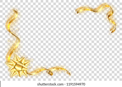 Gold ribbon frame. Golden serpentine design. Decorative streamer border, isolated transparent white background. Decoration Christmas, carnival, holiday celebration, birthday Vector illustration