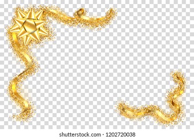 Gold ribbon frame. Golden serpentine design. Decorative streamer border, isolated transparent white background. Decoration Christmas, carnival, holiday celebration, birthday Vector illustration