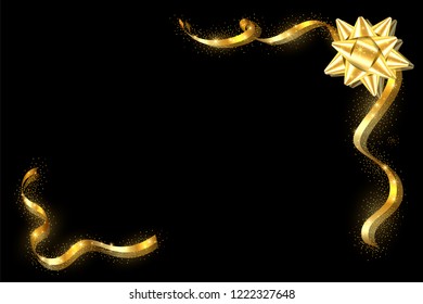Gold ribbon frame. Golden serpentine design. Decorative streamer border, isolated black background. Decoration framework for Christmas, carnival, holiday celebration, birthday Vector illustration