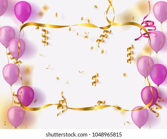 gold ribbon frame over white background with gold ribbons and purple balloons
