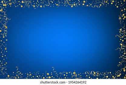 Gold Ribbon Fun Vector Blue Background. Celebration Serpentine Poster. Star Falling Illustration. Yellow Paper Plant.