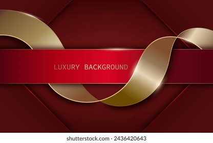 Gold ribbon and geometric red shapes, luxury background. Vector illustration