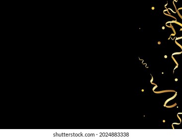 Gold Ribbon Happy Vector Black Background. Party Streamer Poster. Star Isolated Plant. Golden Festive Template.