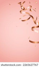 Gold Ribbon Happy Vector Pink Background. Festive Serpentine Poster. Spiral Shiny Template. Golden Party Plant.