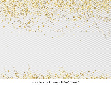 Gold Ribbon Happy Vector Transparent Background. Carnival Serpentine Design. Star Decoration Template. Yellow Celebrate Plant.