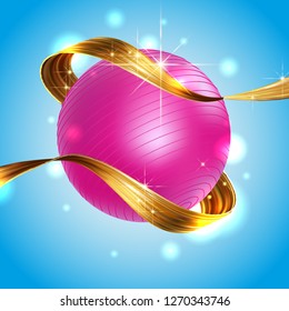 gold ribbon liquid acrylic paint on blue sky background with ball, big fitness ball