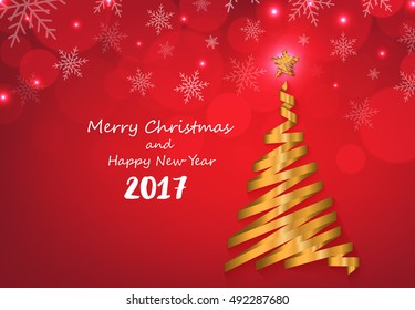 Gold ribbon make Christmas tree shape on red snowflakes background greeting card