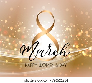 Gold ribbon March 8 greeting card. Gold sparkling background template for International Womens Day. Vector illustration.