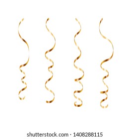 Gold ribbon serpentine set. Golden curly ribbon isolated white background. Decoration for carnival, Christmas party, birthday celebration. Holiday shiny design. Streamers confetti Vector illustration