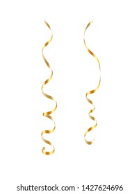 Gold ribbon serpentine set. Golden curly ribbon isolated white background. Decoration for carnival, Christmas party, birthday celebration. Holiday shiny design. Streamers confetti Vector illustration