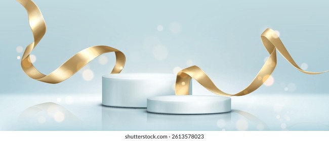 Gold ribbon streamers and round podiums on light blue background. Curved shiny satin stripes around cylinder pedestals. Luxury glossy foil swirls and sparkly decoration elements for product display.