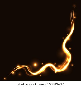 Gold ribbon tracing effect. Glowing fire trace. Sparkle trail on black background. Glitter line. Flying sparkling flash lights with stars. Modern graphic design banner, logo, card. Vector illustration