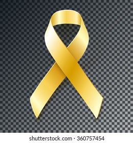 Gold ribbon with transparent shadow. Childhood Cancer Awareness  design element isolated on dark background