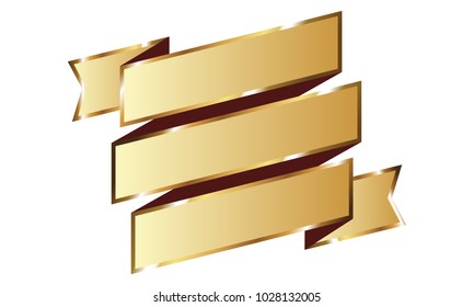 Gold ribbon vector background set with isolated fancy badge vintage sticker and decorative border icon. Festive colorful tag design award of gift illustration collection