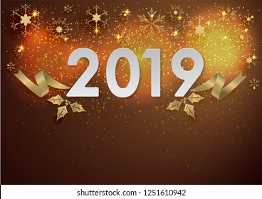 gold ribbon,leaf and 2019 ,merry christmas ,happy new year