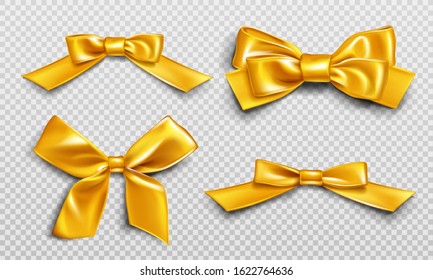 Gold ribbons and bows set. Collection of shiny yellow festive elements for wrapping present boxes, design gift card or invitation isolated on transparent background. Realistic 3d vector illustration