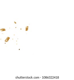 Gold ribbons confetti. Falling glitter texture. Abstract golden defocused anniversary invitation template. Yellow Wedding tinsels. Falling abstract glitter. Explosion celebrate card