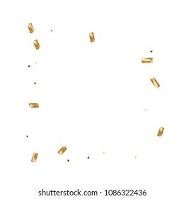 Gold ribbons confetti. Falling glitter texture. Abstract golden defocused anniversary invitation template. Yellow Wedding tinsels. Falling abstract glitter. Explosion celebrate card