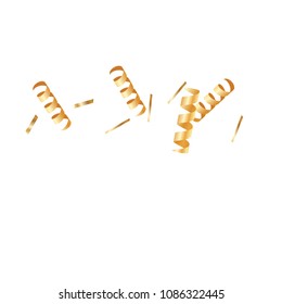 Gold ribbons confetti. Falling glitter texture. Abstract golden defocused anniversary invitation template. Yellow Wedding tinsels. Falling abstract glitter. Explosion celebrate card