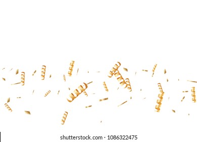 Gold ribbons confetti. Falling glitter texture. Abstract golden defocused anniversary invitation template. Yellow Wedding tinsels. Falling abstract glitter. Explosion celebrate card