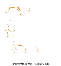 Gold ribbons confetti. Falling glitter texture. Abstract golden defocused anniversary invitation template. Yellow Wedding tinsels. Falling abstract glitter. Explosion celebrate card